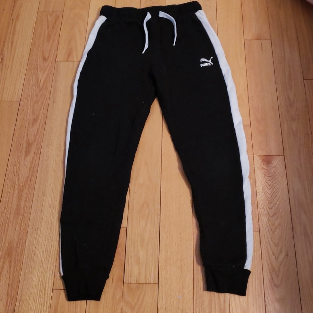 Boys black puma joggers with white stripe
